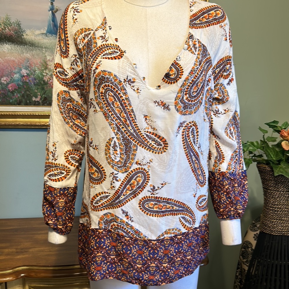 Lucky Brand White Blue Orange Paisley Boho Tunic Blouse